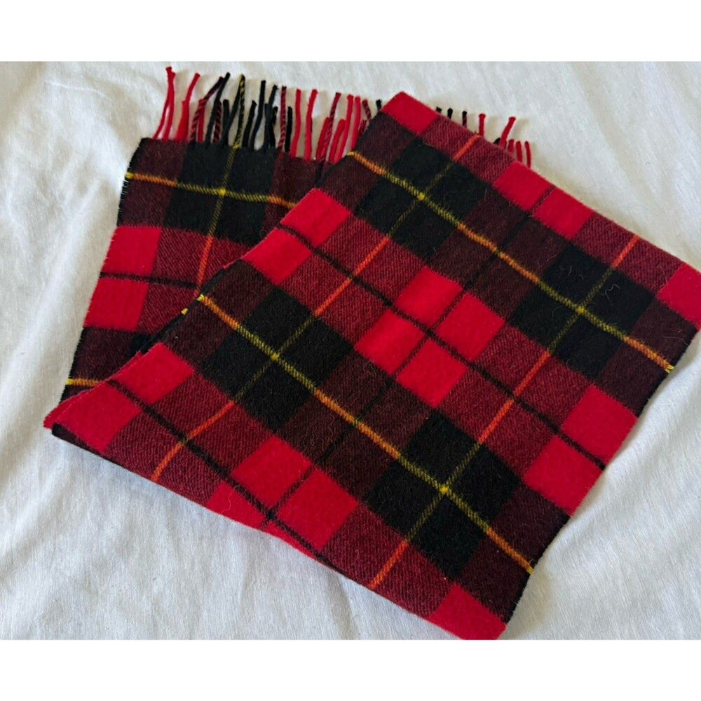 Highland Tweeds 100% Lambswool Red/Black Plaid Fringe Scarf 57" Made UK